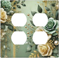 Decorative Outlet Covers Rustic Green Floral Leaves Teal Flowers Gold Stripe 2 Gang Wall Plate Cover Double Duplex Receptacle Two Switch Light Switch Cover Plate Faceplate