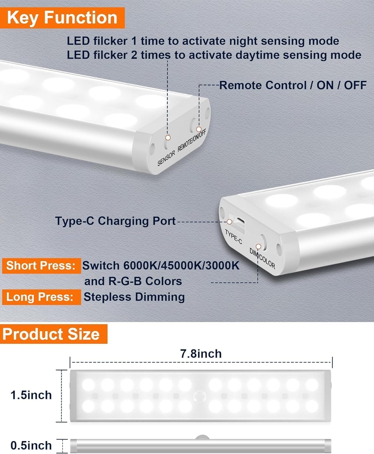 Diomart Under Cabinet Lighting Wireless, RGB Rechargeable Motion Sensor Light Indoor Night Lights, 58 -LED Remote Control Under Counter Lightis for Kitchen, Wardrobe, Hallway, Stairs, Desk(4 Pack)