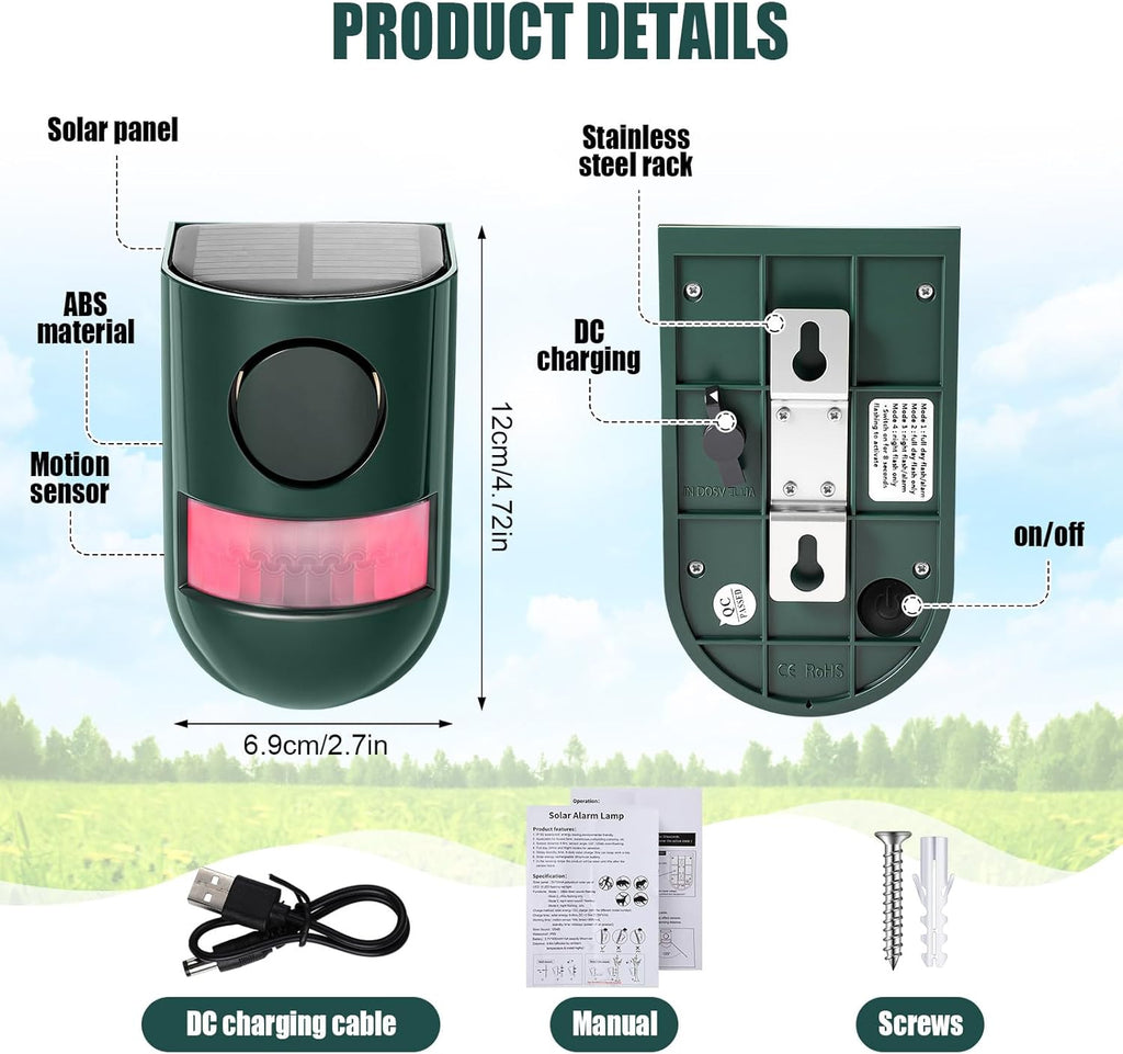 Qualirey 6 Pack Solar Sound and Light Alarm Motion Sensor 129db Outdoor Security Siren Waterproof Motion Activated Detector Alarm 6 LEDs Flash Warning Strobe System for Home, Farm (Green)