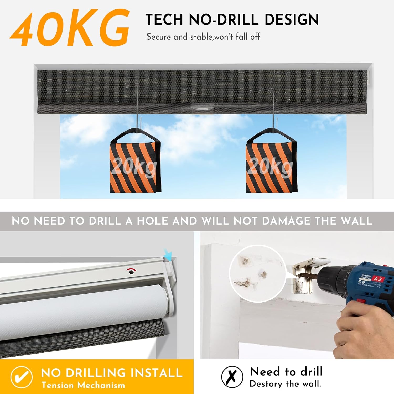 Persilux Smart Motorized Blinds with Remote, No Drill Automatic Roller Shades for Indoor Windows, Blackout Linen Fabric, Electric Blinds for Windows, Weave Blend Coal C162BO-8, Custom Size