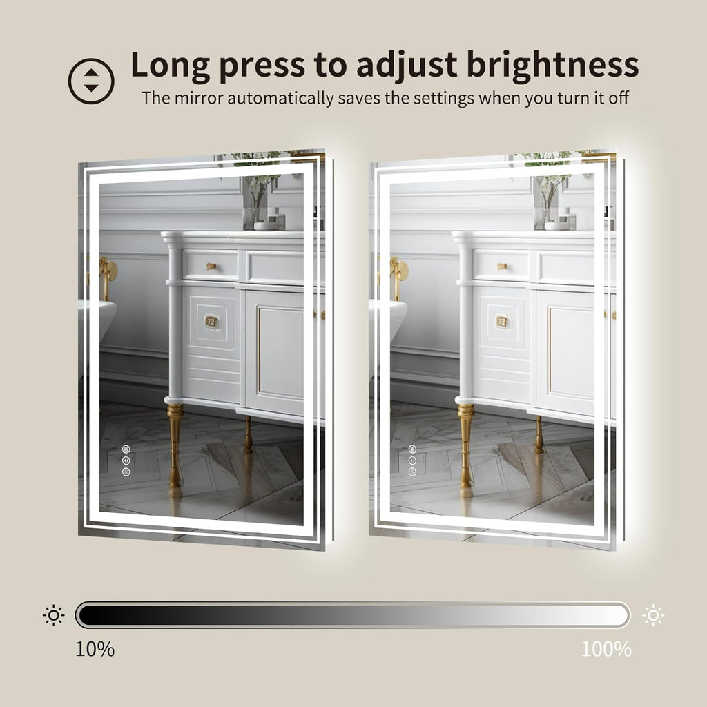 WTTY LED Bathroom Mirror, 24 x 32 with Backlit and Front Light,Stepless Dimmable LED Mirror for Bathroom,Anti-Fog Lighted Bathroom Vanity Mirror Modern for Wall,Memory Function,Shatter-Proof