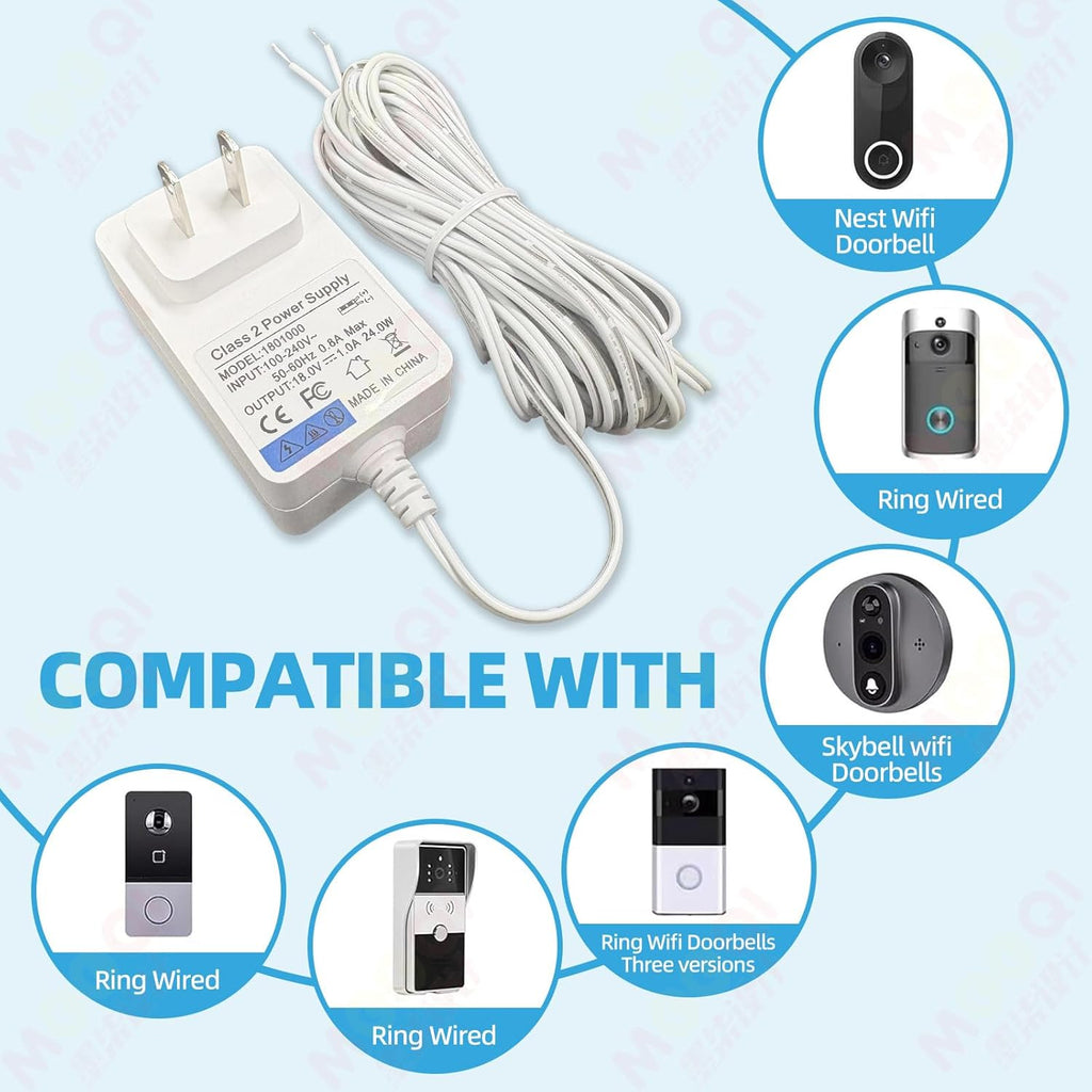 18V DC Video Doorbell Power Adapter, Power Supply Transformer for Ring, Nest, Eufy, Wyze, Arlo, 19.6 ft Cable, White