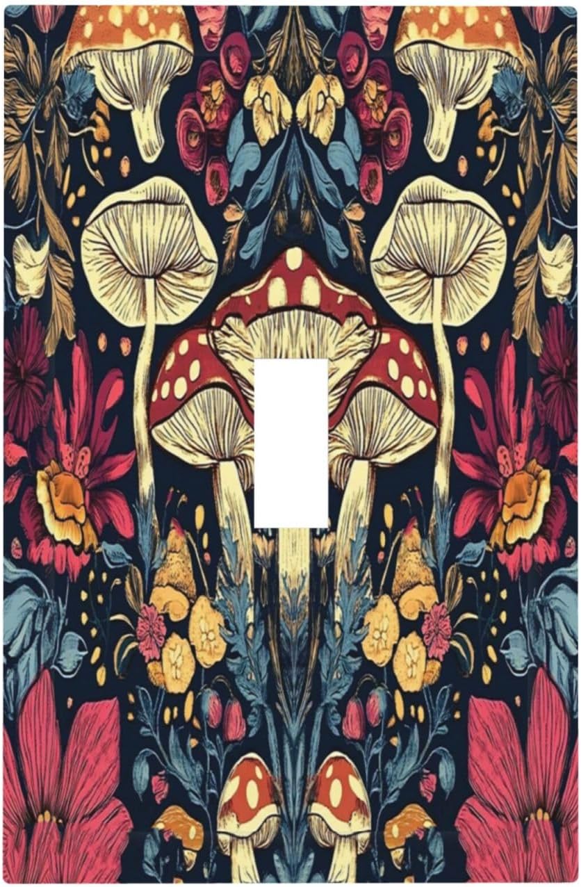 Decorative Light Switch Cover Plate Coloful Red Yellow Orange Magical Mushroom Forest 1 Gang Single Toggle Wall Plate Electrical Outlet Covers Decorate Switch Plate Cover for Bedroom Home Decor