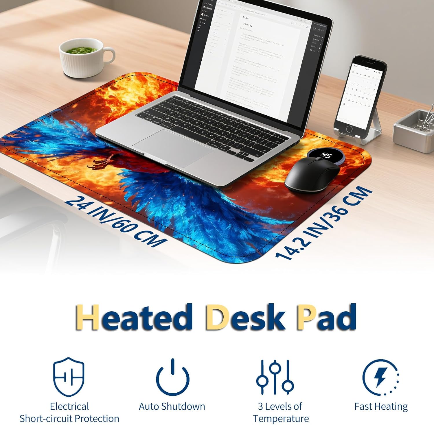 Heated Mouse Pad with 3 Temperature Settings(104°F–122°F),Large 24x14.2 Inch PU Leather Heated Desk Mat,Waterproof Warming Pad for Office,Gaming & Cold Hands Relief,Fiery Phoenix Bird