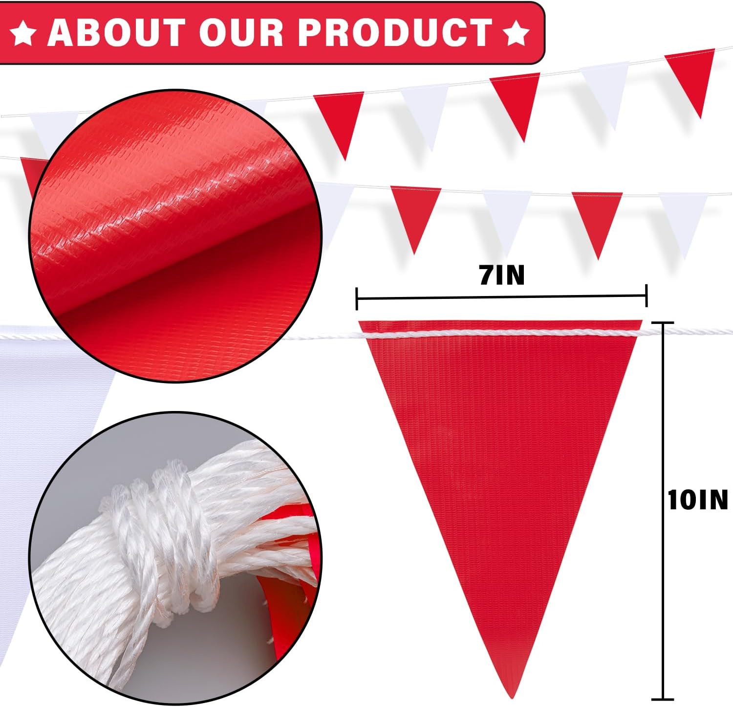 XIFAN Red and White Multicolor Pennant Banner Flags 7''x10'' Waring Safety Rooftop Flagging Barrier - 105FT 45 Flags String