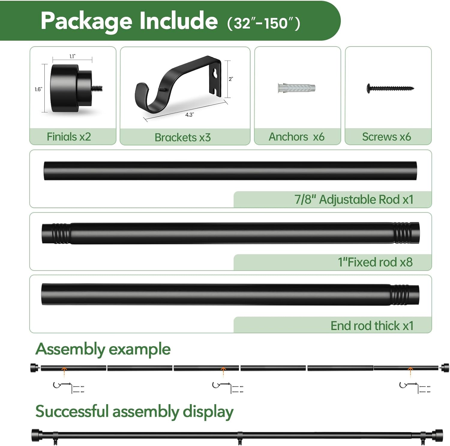 Time Forest Black Curtain Rods for Windows 32 to 150 Inch (2.6-12.5 Feet), 1 Inch Diameter Adjustable Heavy Duty Extra Long Curtain Rod, Modern Style Indoor Outdoor Window Drapery Rods with End Caps