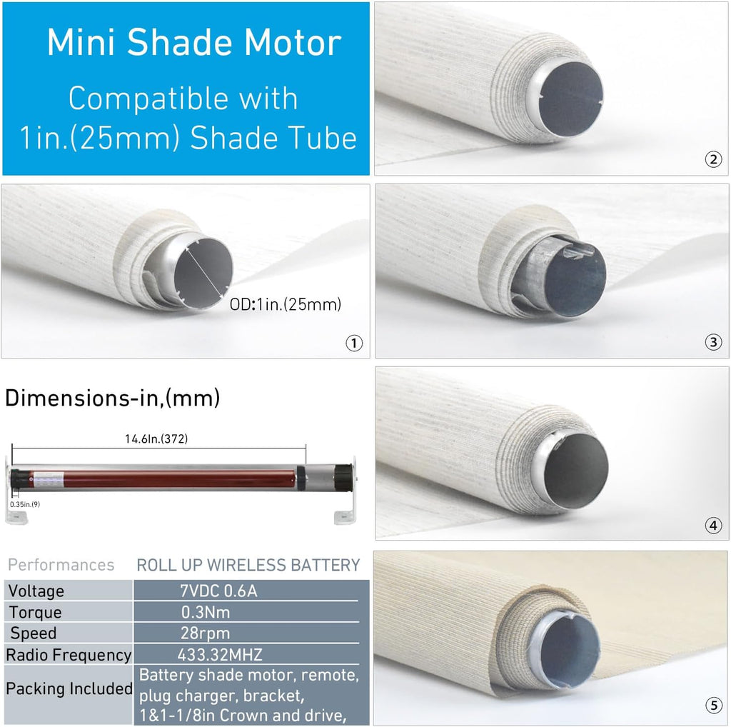Rollerhouse Roller Shade Motor Motorized Systems for Interior Shades Motors Radio, Wireless, Quiet, Compatible with 1 inch Shade Tube