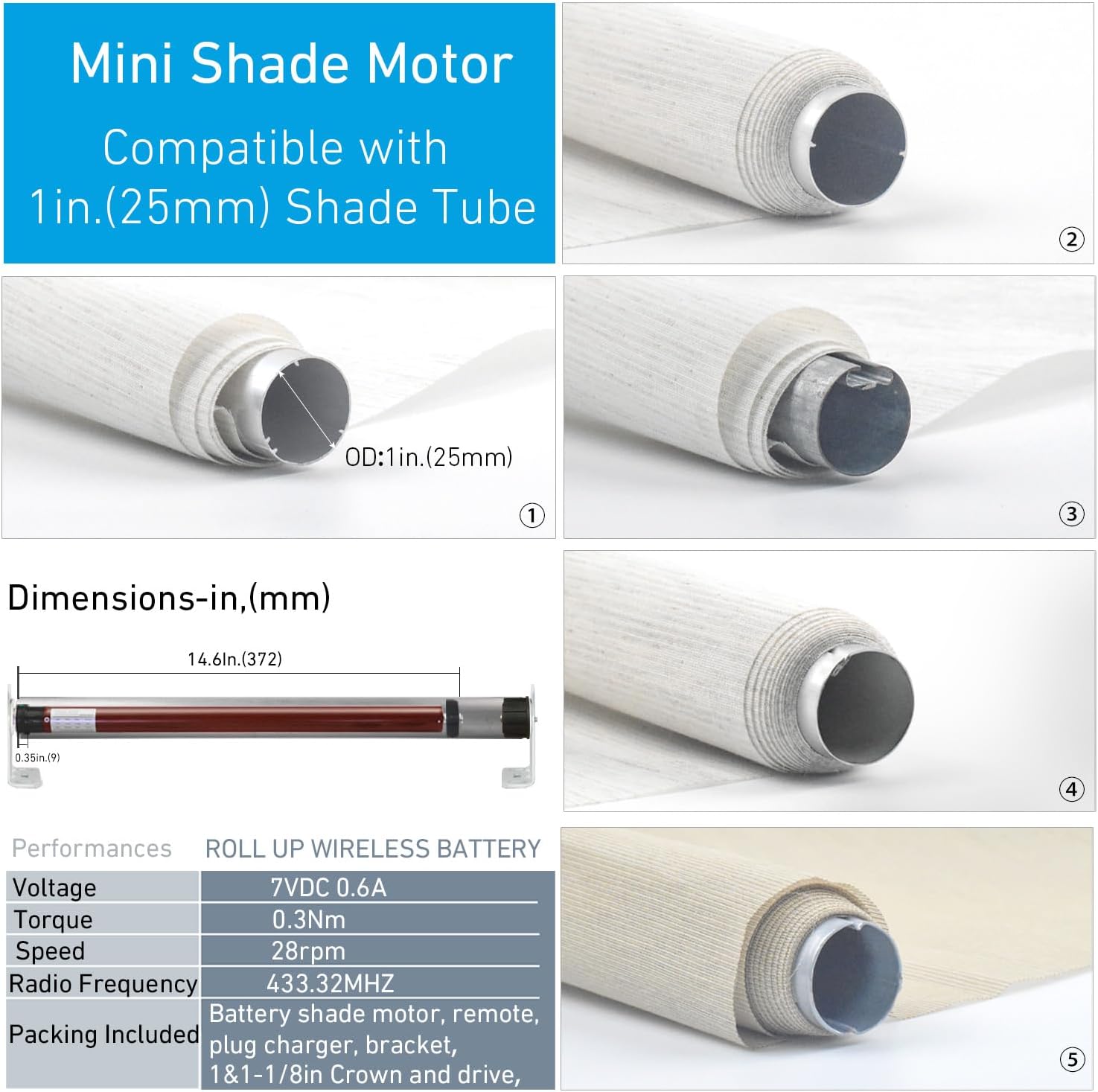 Rollerhouse Roller Shade Motor Motorized Systems for Interior Shades Motors Radio, Wireless, Quiet, Compatible with 1 inch Shade Tube