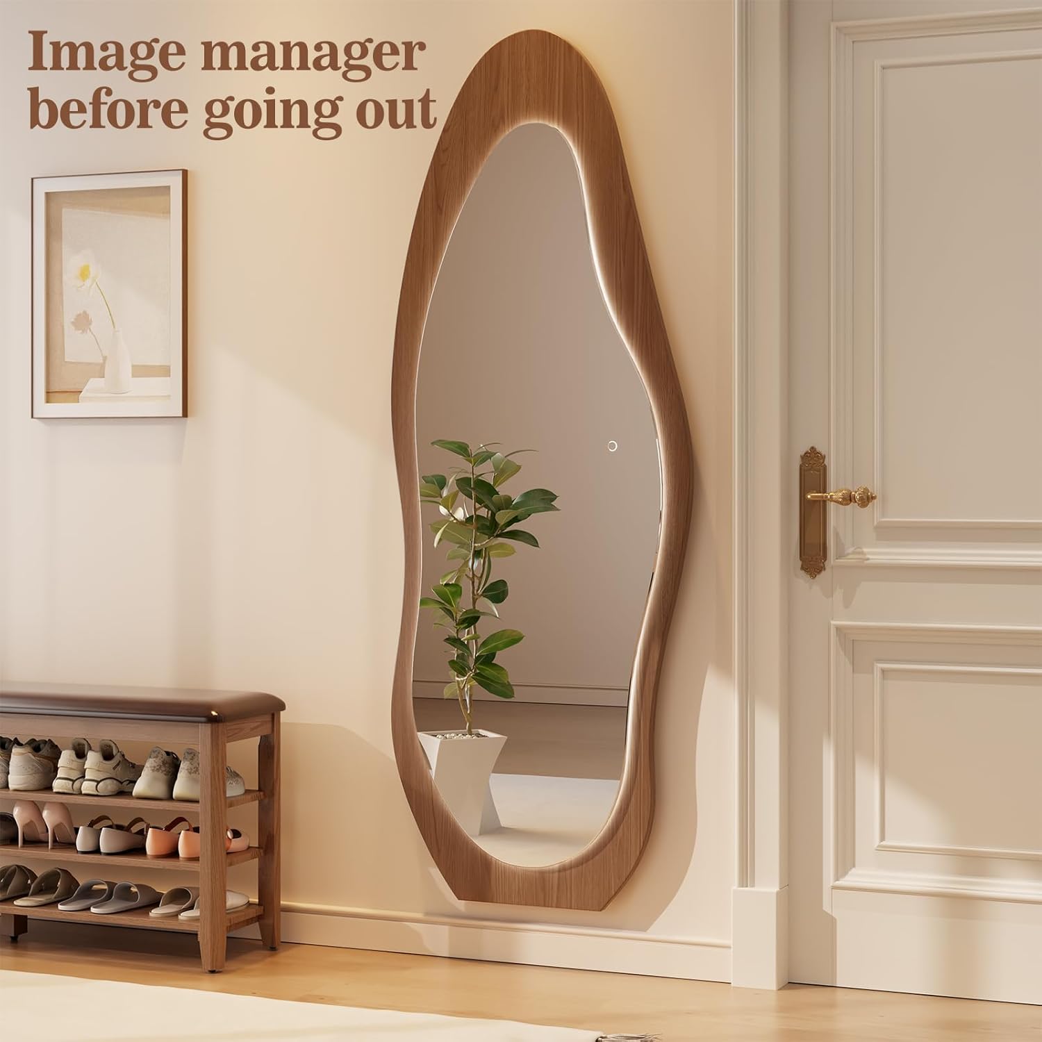 WoodsWhisper 69"x 24" Wavy Mirror Full Length,Lights Irregular led Full Length Mirror, Wavy Wall Mirrors,Shatter-Proof Hanging or Leaning Against Wall for Cloakroom/Bedroom/Living Room,Walnut