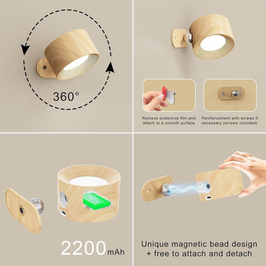 Koopala 2PACK LED Wall Lamps with Rechargeable Battery Operated, Wall Mounted Lights with 3 Brightness 3 Color Temp Removable Charging 360°Rotate Magnetic, Cordless Wall Sconces for Reading Bedside