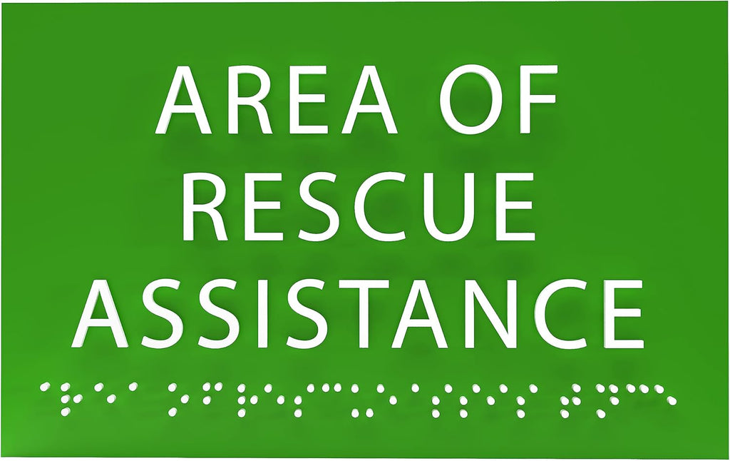 Area of Rescue Assistance Sign - ADA compliant sign. 6"x4" sign made from durable plastic with raised lettering and Braille. Designed to meet ADA (Americans with Disabilities Act) regulations.