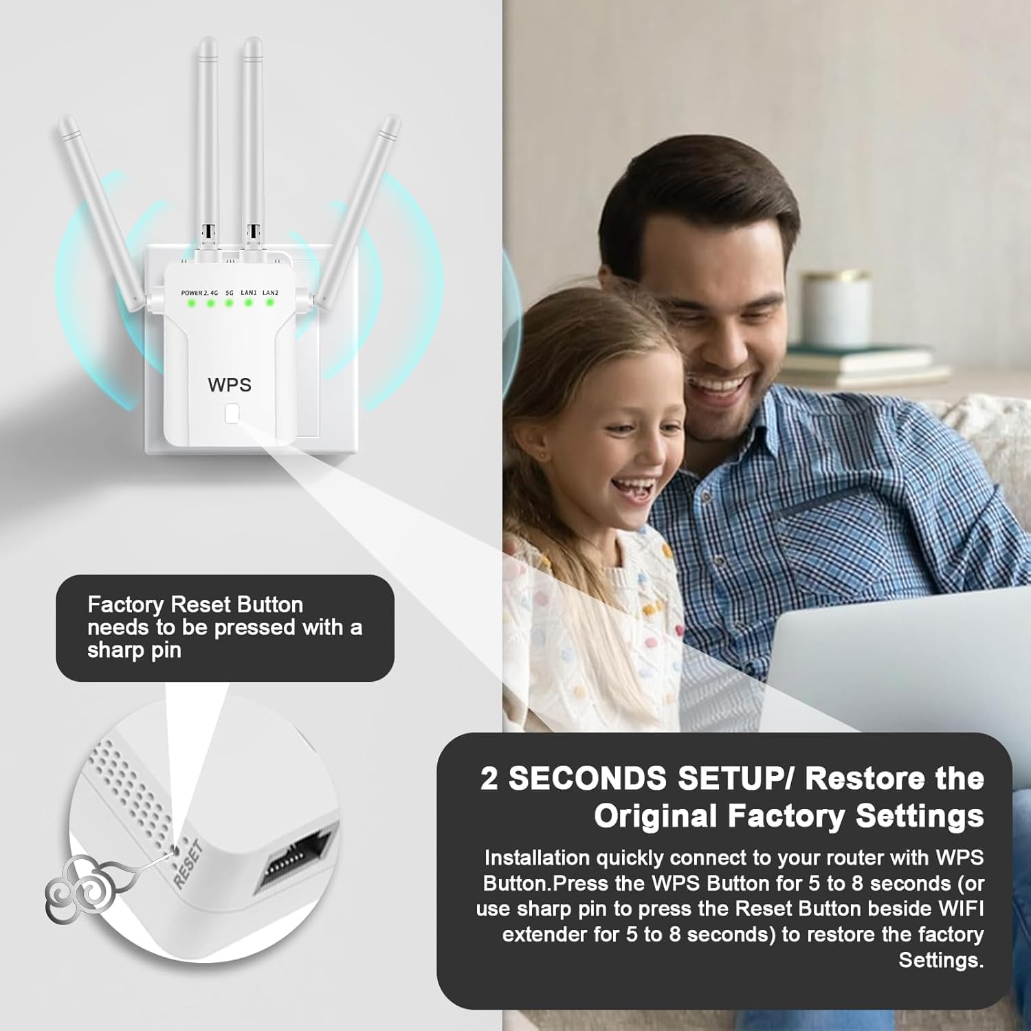 WiFi Extender Signal Booster,WiFi Extender, 5G WiFi Booster (Up to 10000sq. ft for 55+ Devices), WiFi Repeater with 4 Antennas 360° Coverage, WPS 1-Tap Setup with Dual Band 1200Mbps (White)