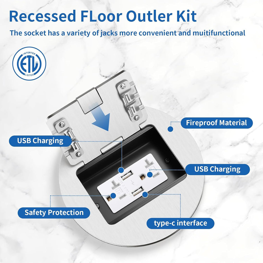 Vagueior Recessed Floor Electrical Outlet Kit, Circular Hidden 4.8A USB+20A Tamper-Resistant Receptacle Outlet ，Waterproof Electrical Outlet Covcer Box, UL Certified,Silver（1 Pack