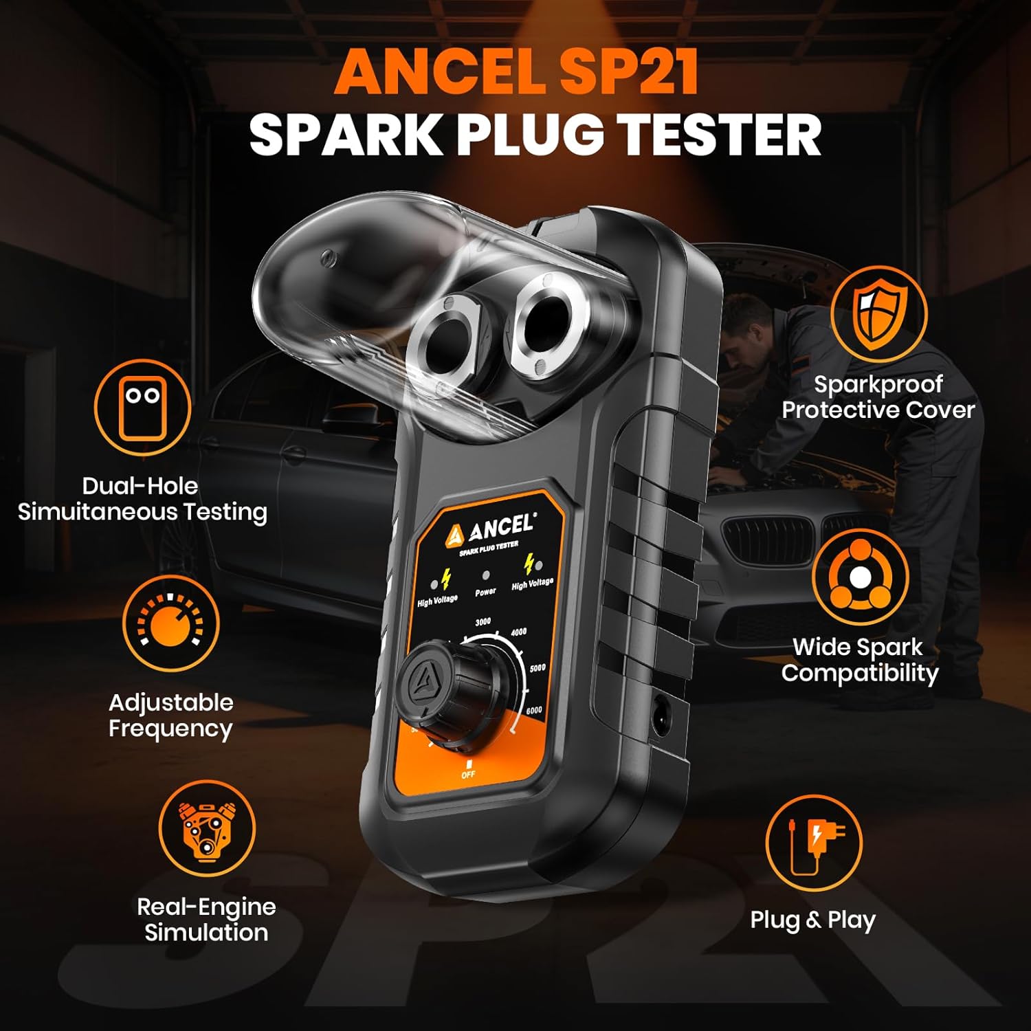 (Upgraded SP02) ANCEL SP21 Spark Plug Tester, Dual Holes Test Spark Plug Tool, Car Motorcycle Engine Ignition Tester 0 to 6000RPM Spark Tester Socket with Mistake-Proof Design