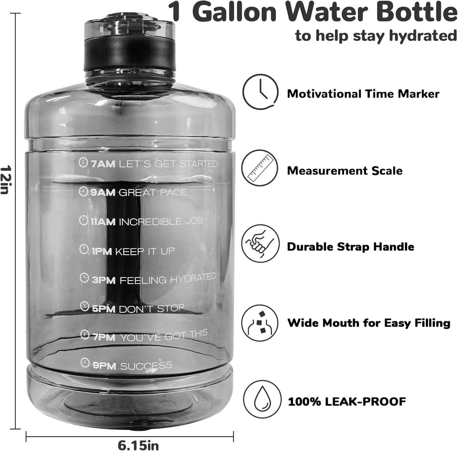 1 Gallon Water Bottle, Water Jug with Motivational Time Marker & Strap & Handle,Large-Capacity leakproof water bottles for Travel Sport Gym Outdoor（Clear