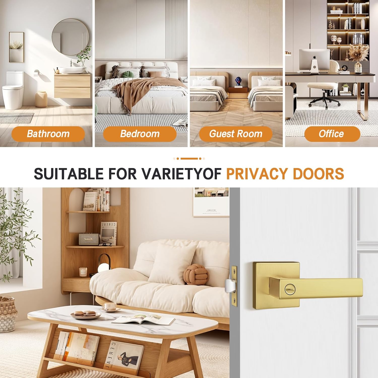 Probrico Heavy Duty Flat Gold Door Handles Square Privacy Interior Door Levers Bedroom and Bathroom Door Handles Keyless Bed/Bath Lockset (2 Pack)