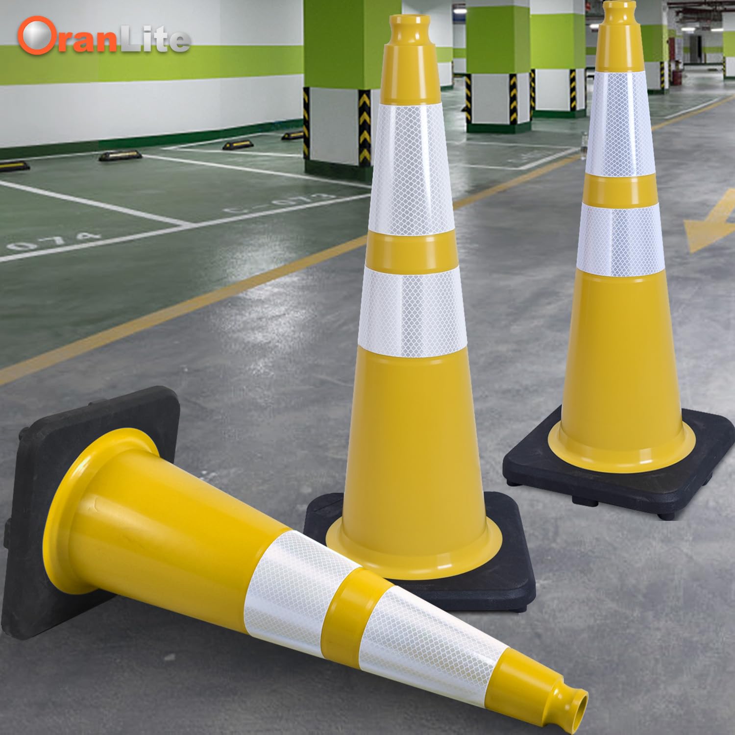6 Pack 28" Large PVC Traffic Cones with Heavy-Duty Black Base, Garage Parking Lot Cones Structurally Stable Weatherproof Road Construction Safety Cones (6, Yellow, 28" Large)
