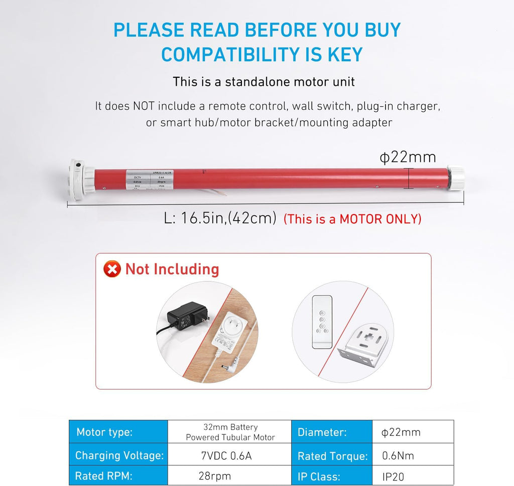 Rollerhouse Motor Only for 1.25" (32mm) Tube - Battery Powered Tubular Shade Motor - Fits 32mm Outside Diameter Roller Blinds - Requires Separate Remote & Charger (Motor Unit Only)
