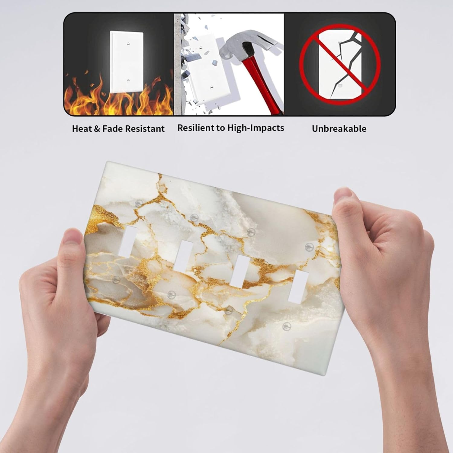 Gold Marble Crack Simple Abstract Print Light Switch Covers Quad Toggle Electrical Faceplate 4 Gang Wall Plate Decorative Switch Plates for Bathroom Kitchen Home Decor