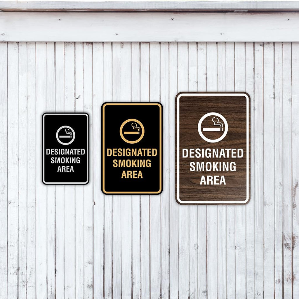 Signs ByLITA Portrait Round Designated Smoking Area Sign with Adhesive Tape, Mounts On Any Surface, Weather Resistant, Indoor/Outdoor Use (Black/Silver) - Small 2 Pack