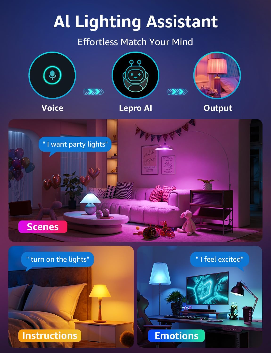 Lepro B3 AI Smart Light Bulbs - 1500LM 100W Equivalent A21 Bulb, WiFi & Bluetooth RGBWW Color Changing, Works with Alexa & Google Assistant, AI Voice Control by App, Music Sync, 2.4GHz Only (2 Pack)