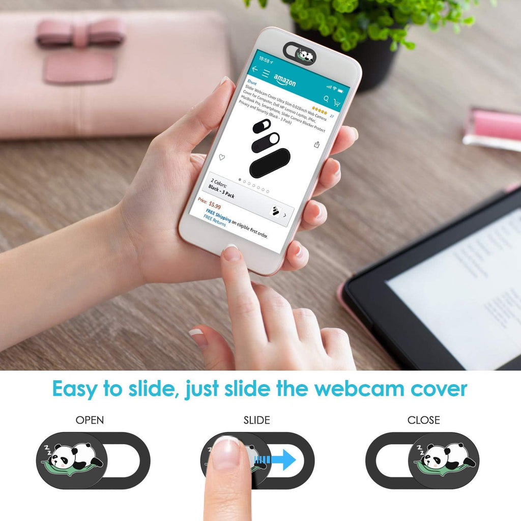 Laptop Camera Cover Slide, 0.02 Inch Ultra Thin Cute Panda Camera Cover for MacBook Pro Laptops Smartphone Mac PC Tablets for Echo Spot Show, Webcam Cover Protecting Your Visual Privacy (Panda-Black)