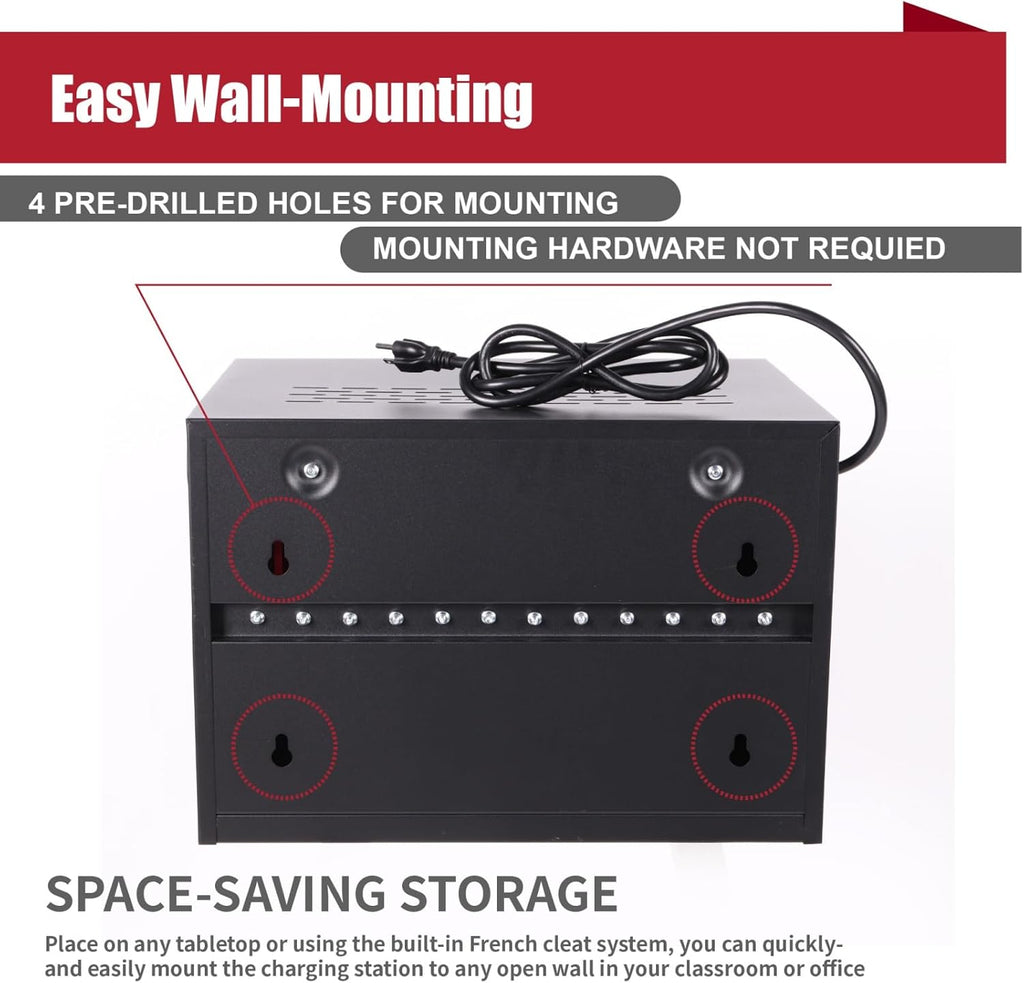 12 Bay Charging Cabinet for Laptop/Chromebook, Black Locking Charging Station with 12-Outlet Strip, Cable Clips, Grommet Holes & Wall-Mount 18.98" W×12.99" D×14.96" H for Office/Classroom