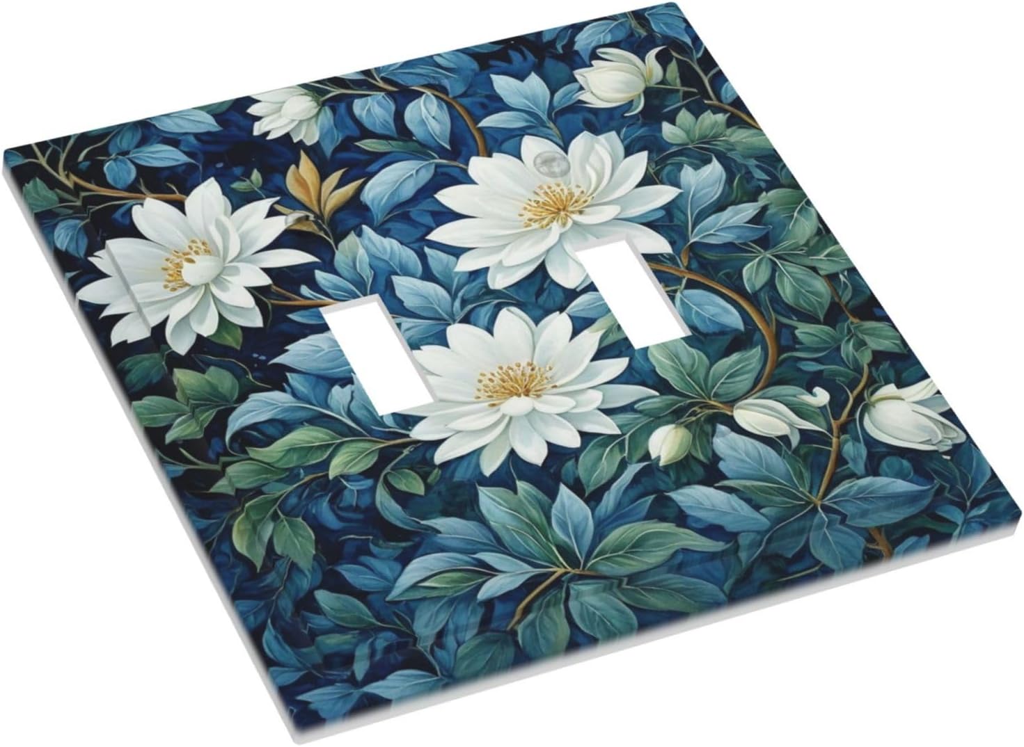 White Flowers Green Leaves Light Switch Covers Double Toggle 2 Gang Wall Plate Dual Decorative Switchplate Electrical Faceplate for Farmhouse Living Room Decor