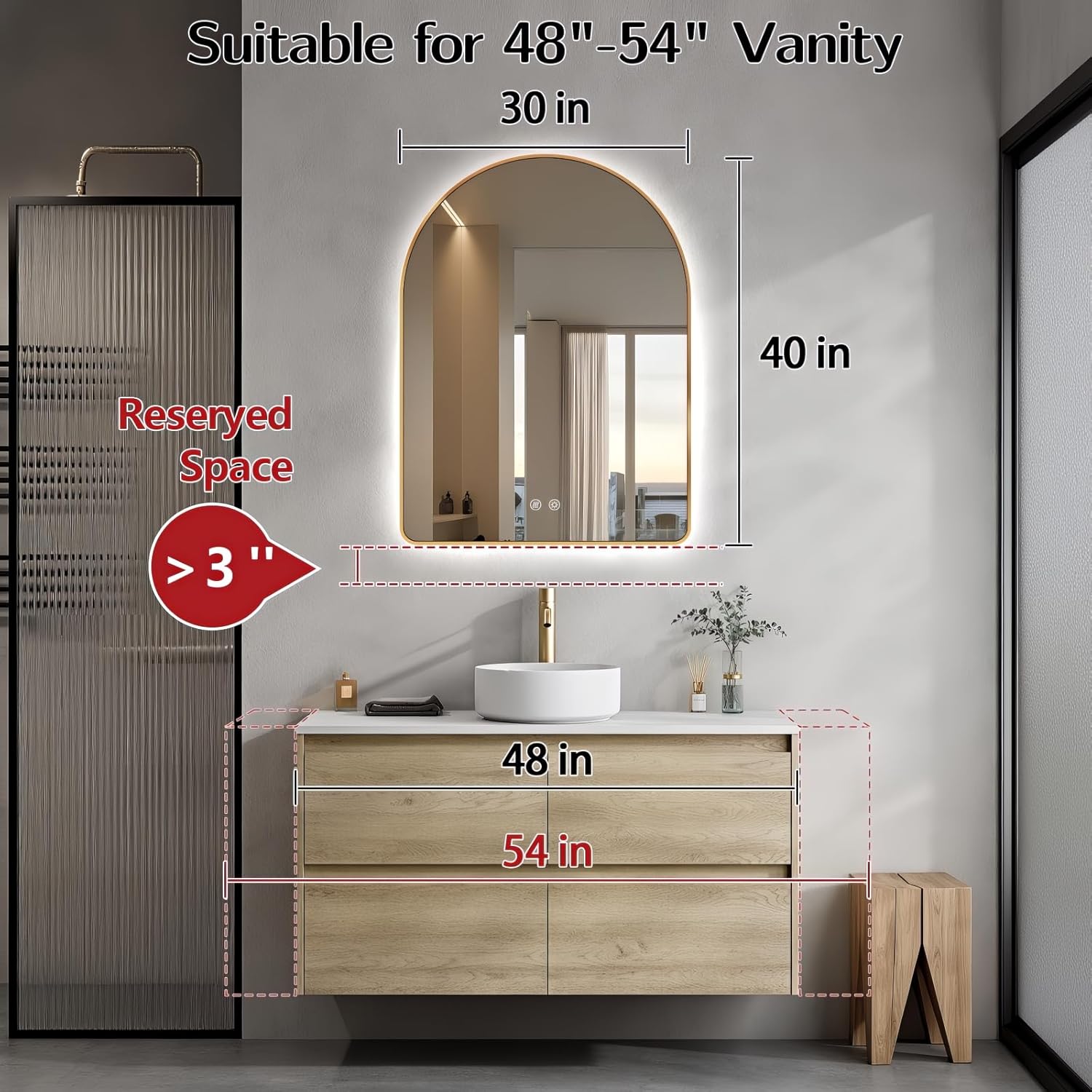Niccy Arched LED Lighted Bathroom Mirror, 40x30 Inch Backlit Vanity Bathroom Mirror with Lights Brushed Gold Framed Wall Mounted Mirrors with 3 Color Shatterproof Arch Smart Fog Free Mirror