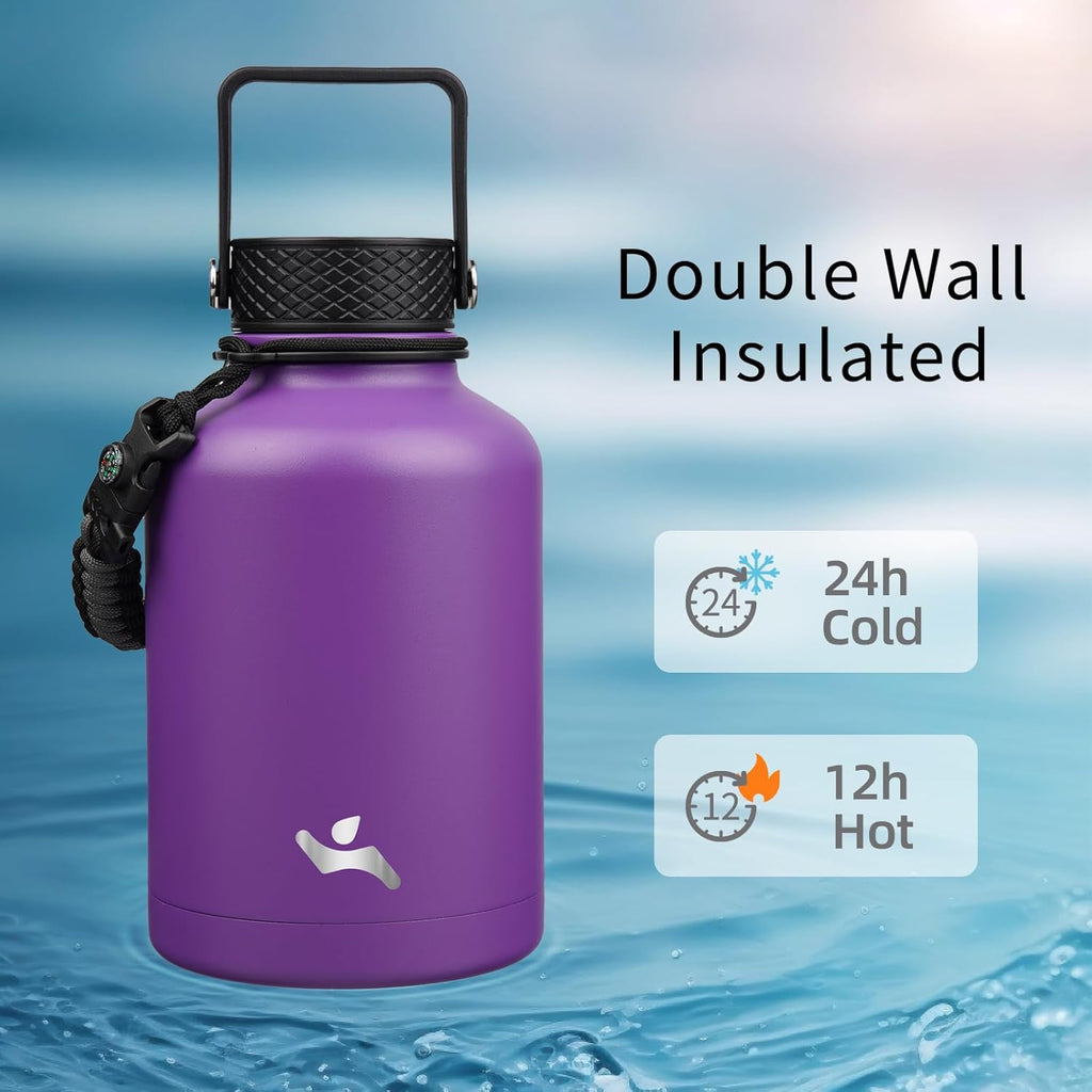 Insulated Water Bottle with Straw,50 oz 3 Lids Water Jug with Carrying Bag,Paracord Handle,Double Wall Vacuum Stainless Steel Metal Flask,Purple