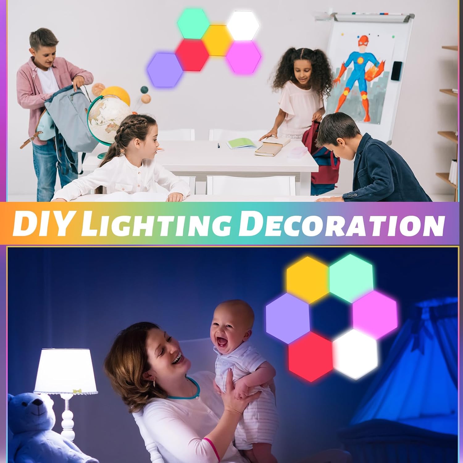 6 Pcs Hexagon Autism Lights LED Wall Panels Touch Sensitive Lights Visual Stimulation for Home Living Room Kids Bedroom Decor Autism Gift Adults