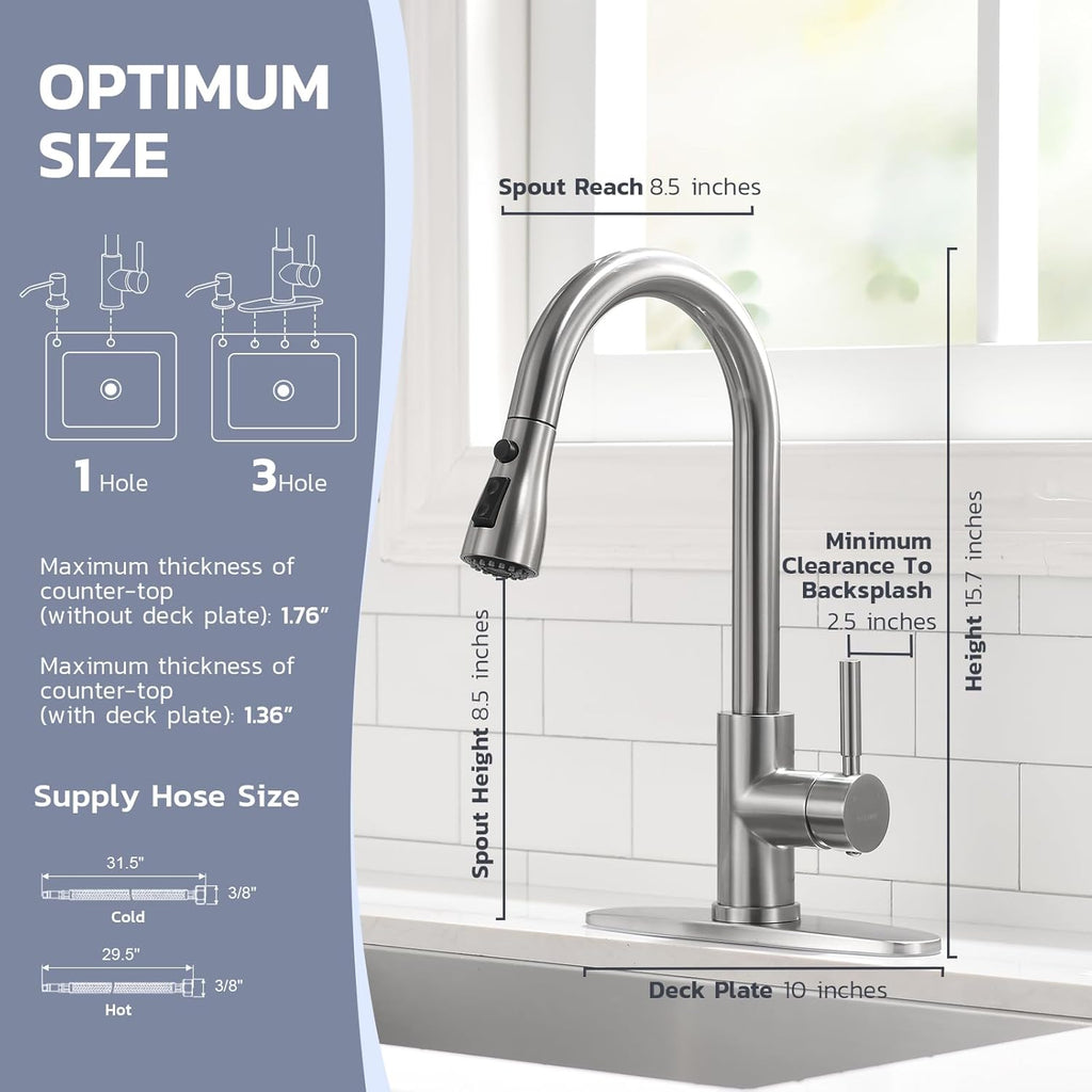 WEWE Kitchen Sink Faucet with Soap Dispenser, Kitchen Faucet with Pull Down Sprayer 3 Modes Stainless Steel Single Handle Single Hole Pull Out Brushed Nickel Faucet for Bar Laundry RV Utility Sink