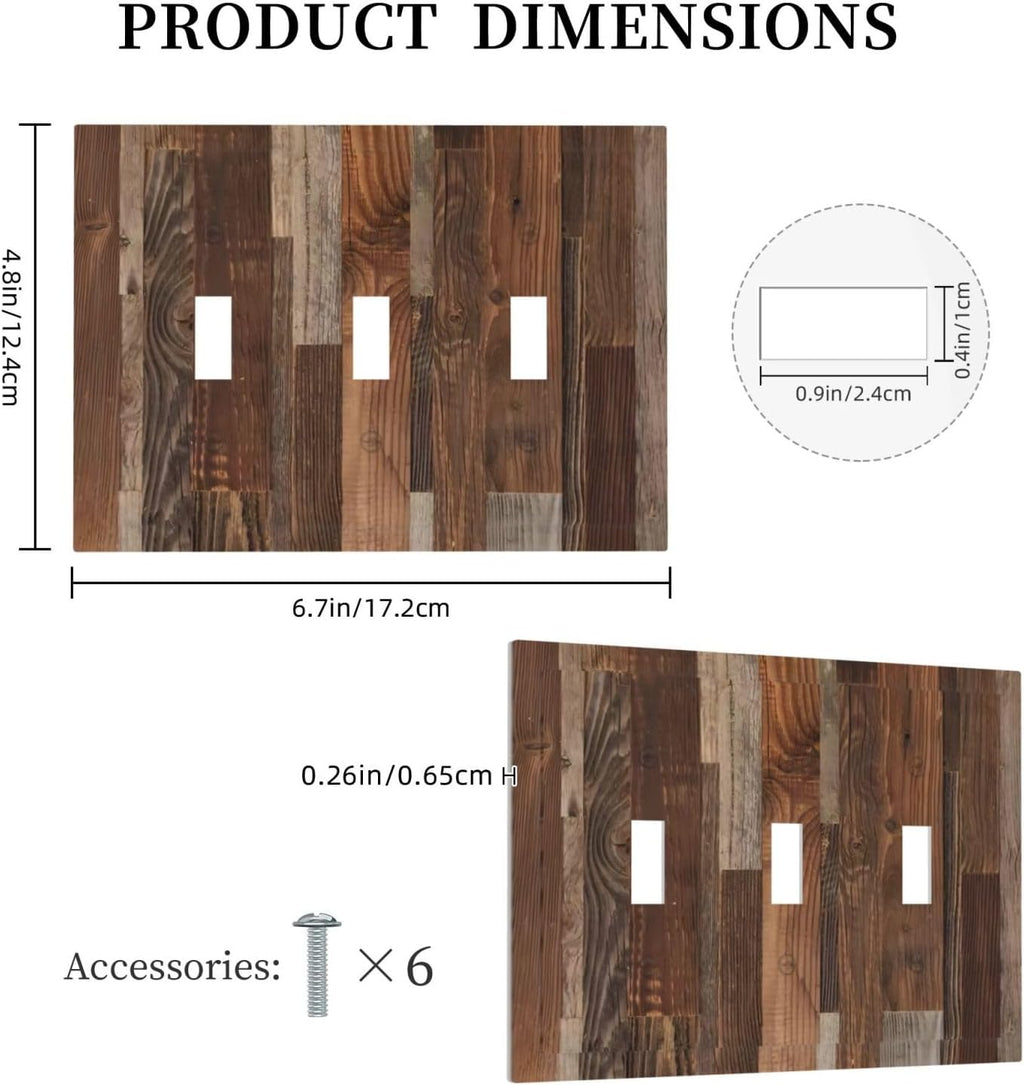 Vintage Brown Wooden Boards Print Wood Grain Decorative Switch Plates 3 Gang Wall Plate Triple Toggle Light Switch Cover Faceplate Electrical Wall Panels for Farmhouse Home Decor