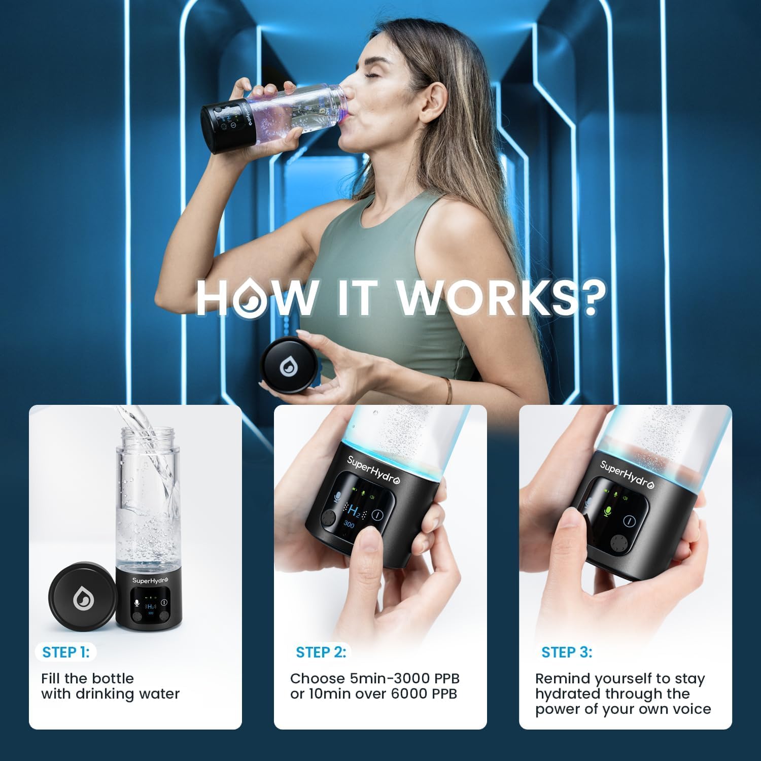 Hydrogen Water Bottle Generator - Up to 6000+ PPB Concentration - SPE/PEM Technology - Voice Reminder - Water Ionizer Machine Suitable for Travel, Daily and Office Drinking - 12oz (Black)