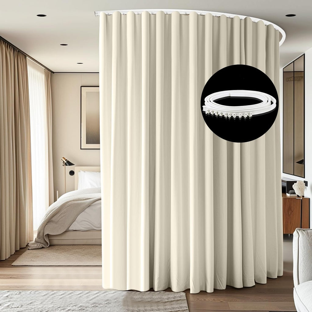 Room Divider Ceiling Mounted Curtains Track Sets Extra Wide Blackout Curtain Flexible Tracks for Bedroom Privacy Partition Separator, 1 Panel Beige Drape and White Rail, W12.5 x H8ft