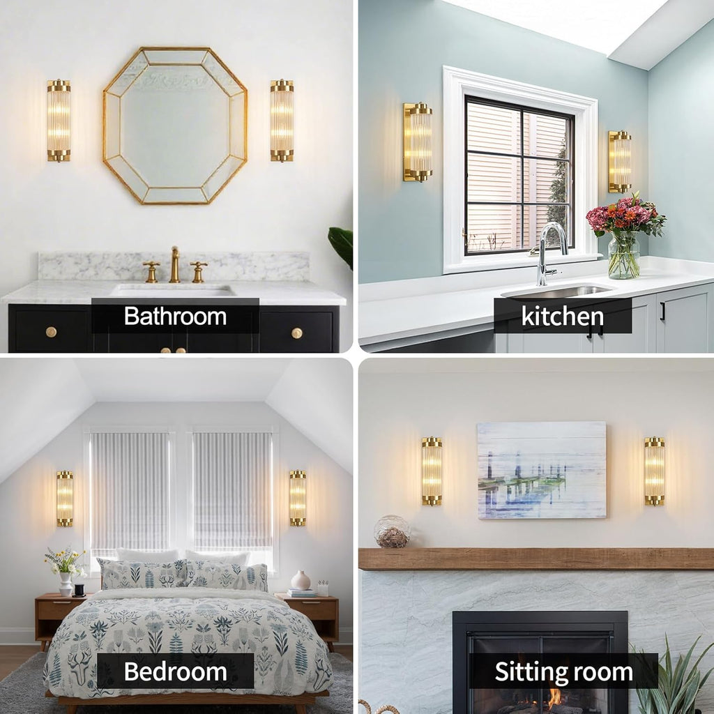 Gold Wall Sconces with Crystal Glass Strip Bathroom Sconces Modern Wall Lights for Bedroom Living Room Hallway Wall Light Fixtures, 2 Light E12 Base