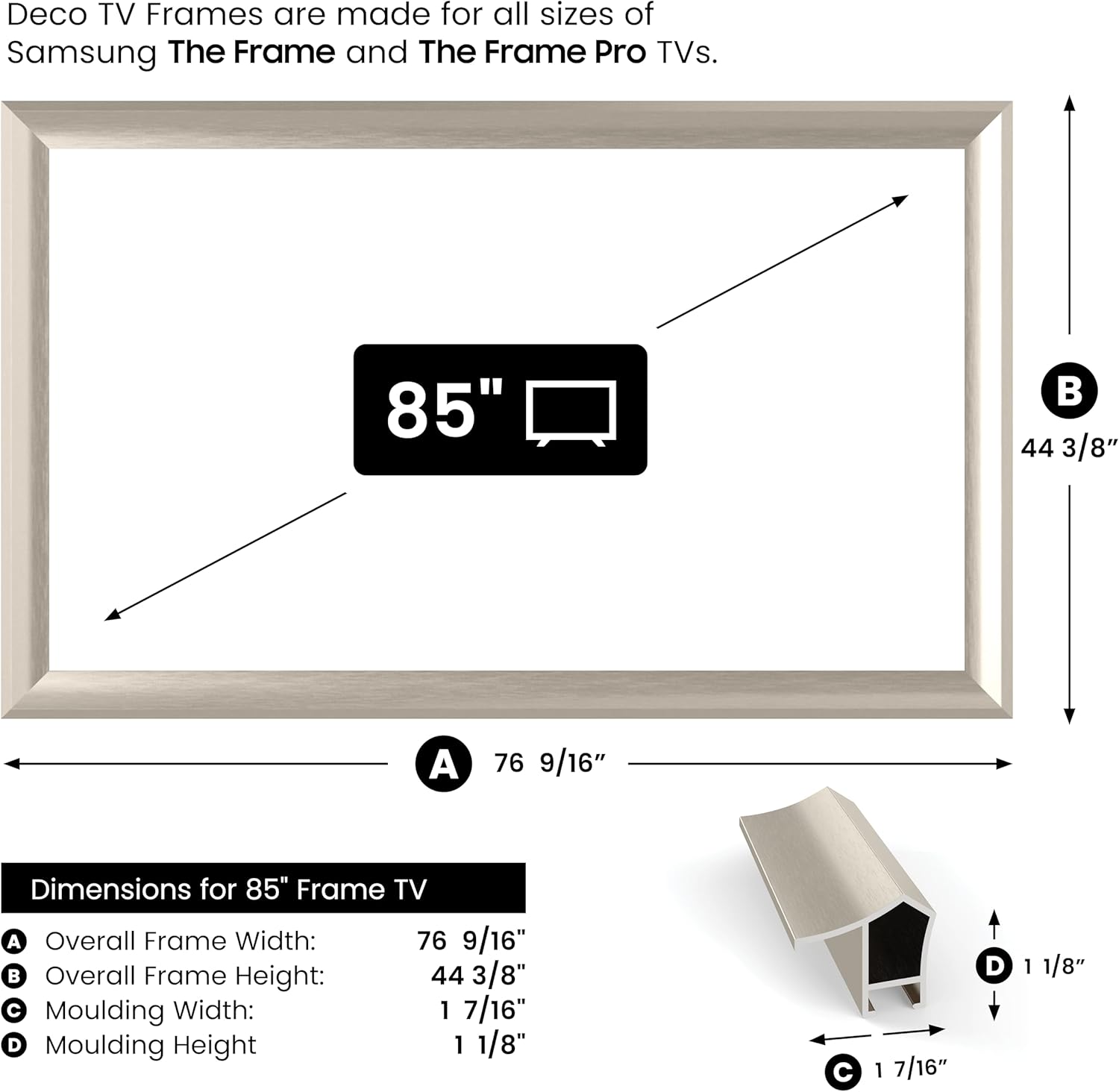 German Silver Prismatic 85" Alloy Deco TV Frame - Compatible ONLY with Samsung The Frame TV and Pro TVs (Fits 2021-2025, LS03A, LS03B,LS03C,LS03D,LS03FA,LS03FW)