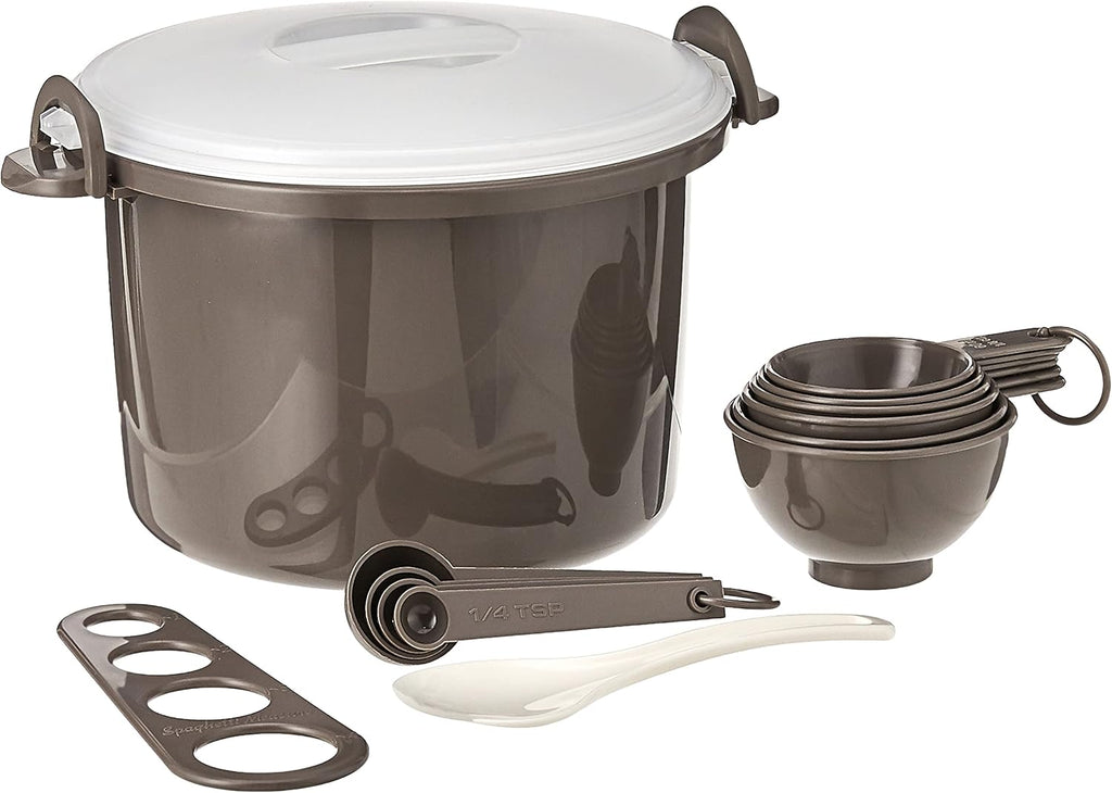 Prep Solutions by Progressive Microwaveable Rice and Pasta Cooker-17 Piece Set Includes Measuring Spoons and Cups, Rice Paddle, Steaming Insert, Pasta Measurer and Locking Lid-12 Cup Capacity BPA FREE, Gray