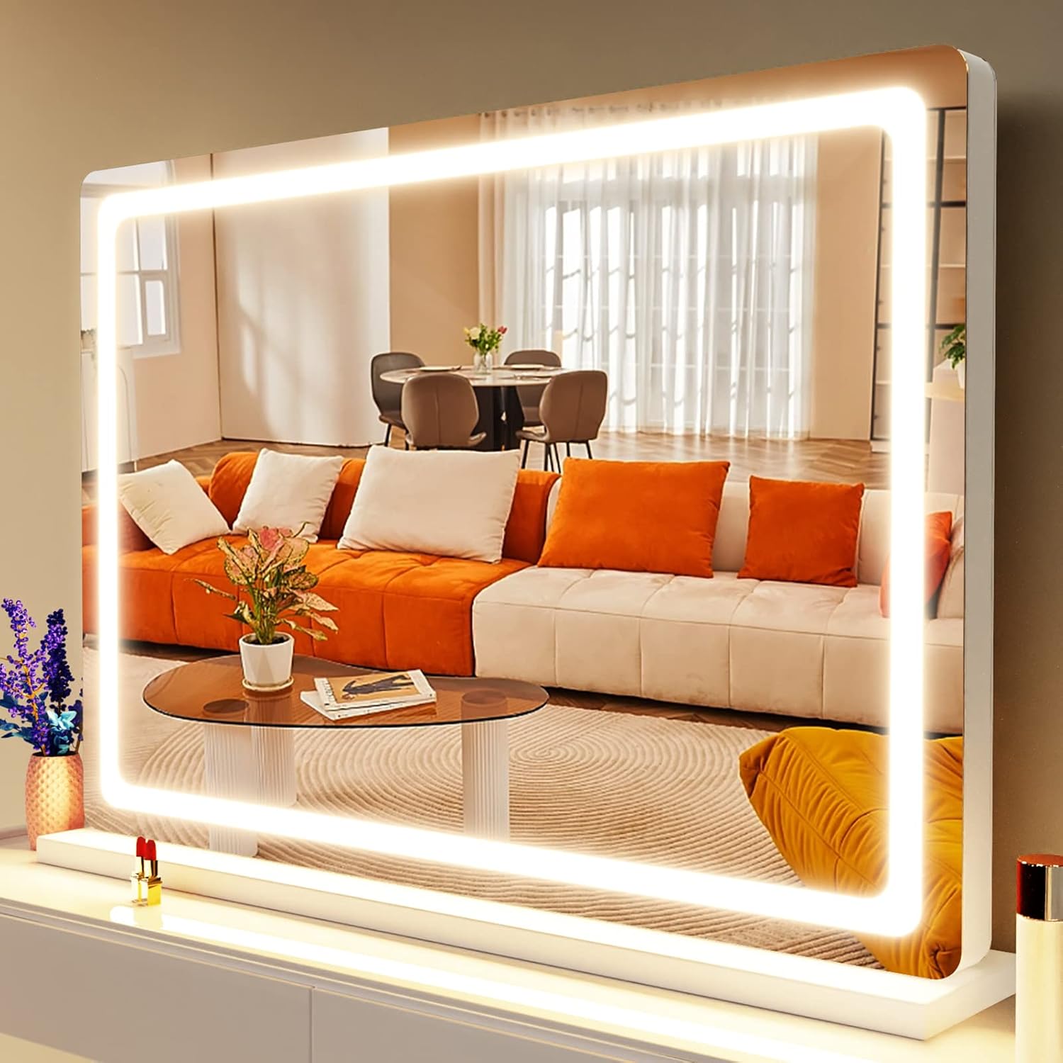 Makeup Vanity Mirror with Lights 32" x 24" Large LED Makeup Mirror, Light up Mirror with 10X Magnification and USB Charging Port, with Dimmable 3 Modes, Touch Screen Control Round White