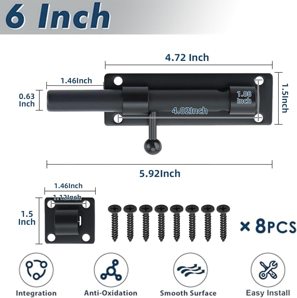 Alise 6 inch Barrel Bolt Latch,Slide Bolt Latch,Heavy Duty Solid SUS304 Stainless Steel Slide Lock for Wooden Fence,Barn Door,Interior or Outdoor Door Matte Black MS8000-B