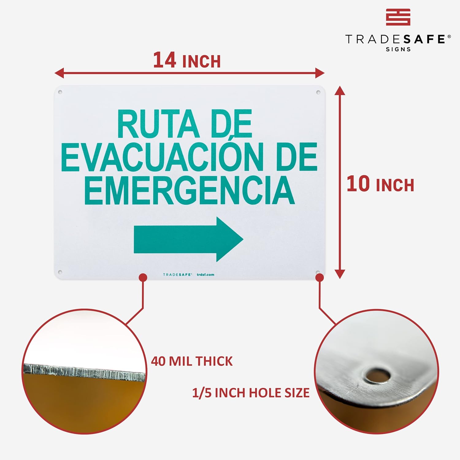 TRADESAFE Emergency Evacuation Route Arrow Right Sign – Ruta De Evacuación De Emergencia Spanish Sign, Quick Install, Light Reflective, UV-Resistant, Waterproof, 14” X 10” Aluminum Safety Signs