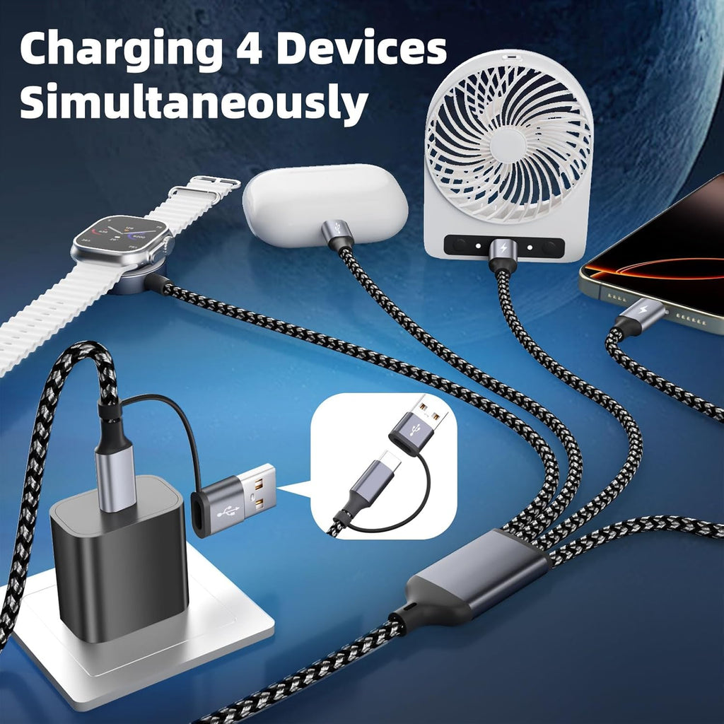 4 in 2 Charging Cable for Apple iWatch Charger with 3 Type-C Ports, Travel Essentials USB C Splitter Multi Charging Cable/Cord for iWatch Ultra/SE/10-1, iPhone17 16 15 14, Android, More -1Pack 5FT
