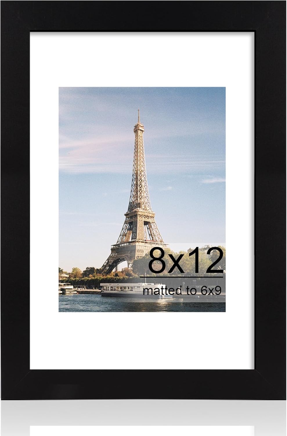 iRahmen 8x12 Picture Frame with HD Tempered Glass, Display Pictures 6x9 with Mat or 8 x 12 Without Mat, Wood Photo Frames for Tabletop and Wall Mount (Black, 1 Pack)
