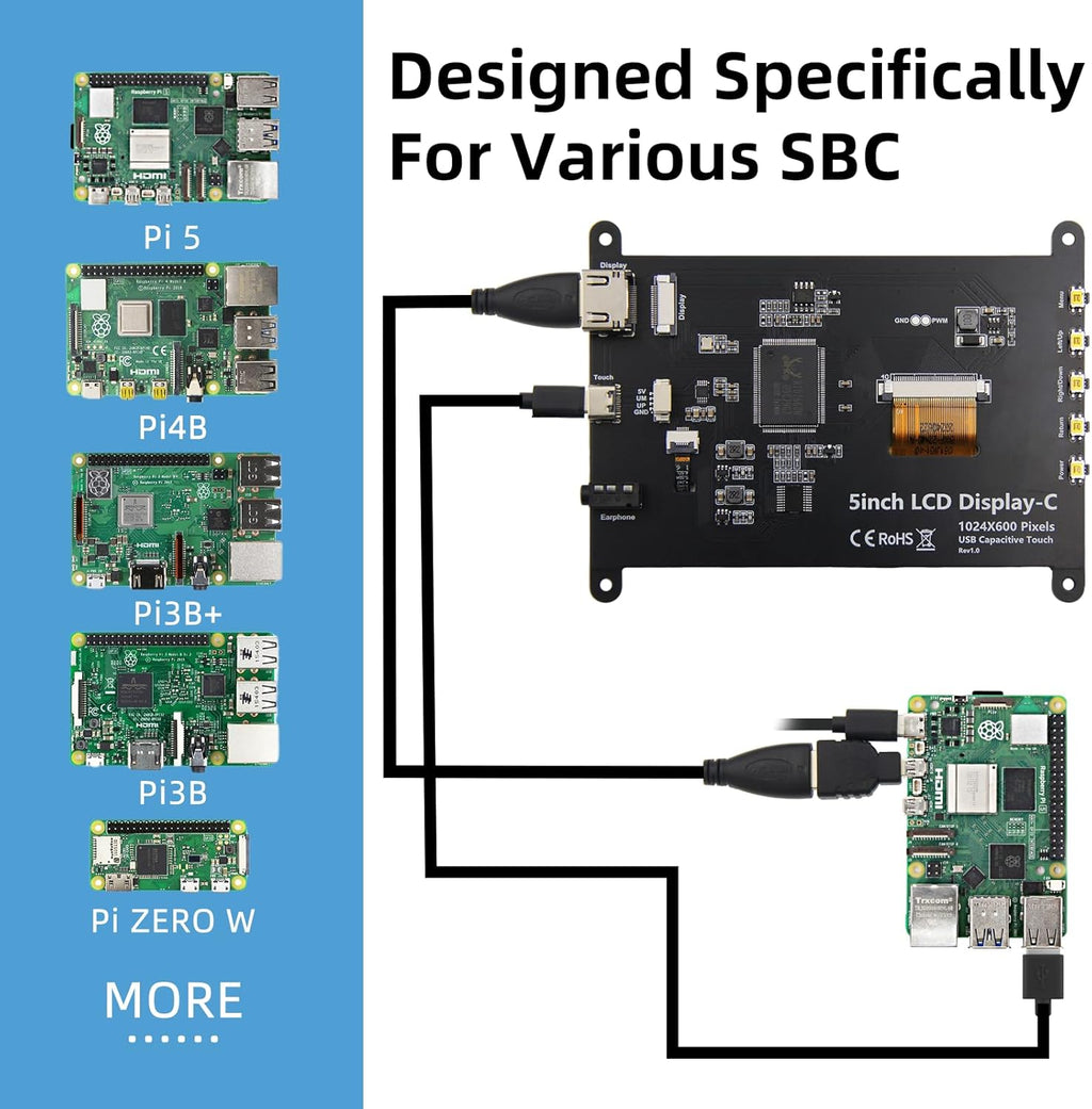 5 Inch LCD Touch Screen, 1024x600 IPS Display with Stand, HDMI Portable Monitor for Raspberry Pi 5/4B/3B+/3B/B+/Zero/400, BB Black, Windows 10 8 7, Free Driver