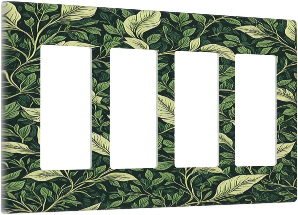Vintage Green Plant Leaves 4 Gang Wall Plates Outlet Covers Quad Rocker Light Switch Cover Plate Decorative Switch Plates GFCI Electrical Faceplate for Bathroom Bedroom Decor 4.5 X 8 IN