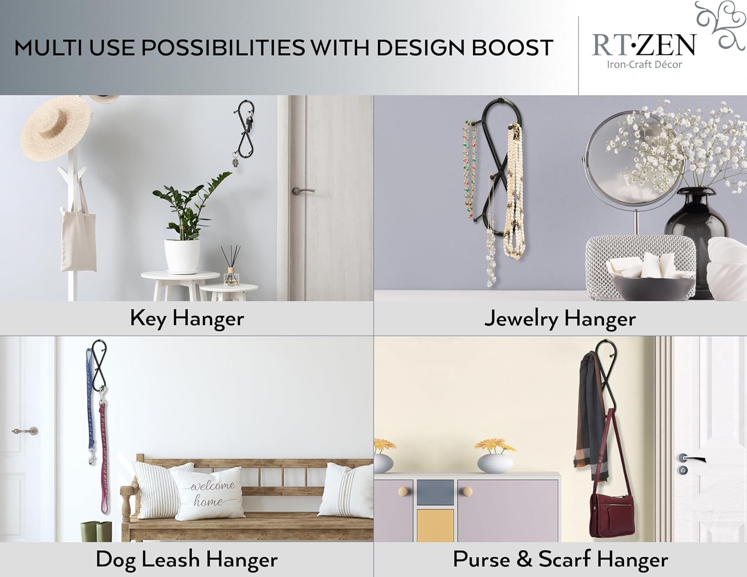 RTZEN Farmhouse Small Key Holder for Wall - Handcrafted Swirl Decorative 5 Key Hooks for Home Entryway - Wrought Iron Wall Mount Rack Purse Coat and Leash Holder or Organizer (Infinity Black)