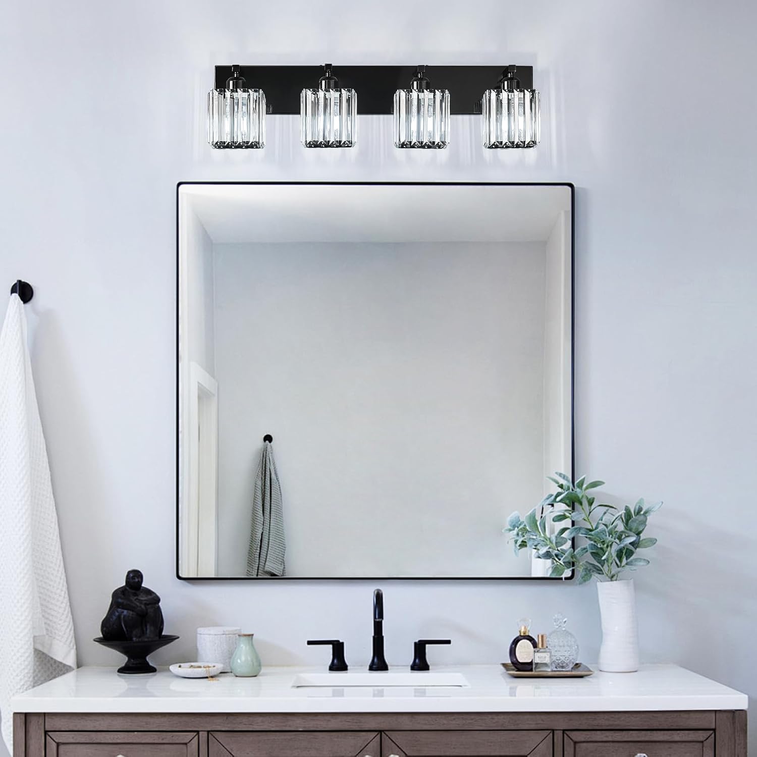 Modern Bathroom Vanity Light 4-Lights Plating Black Crystal Bathroom Wall Light Vanity Light Fixtures