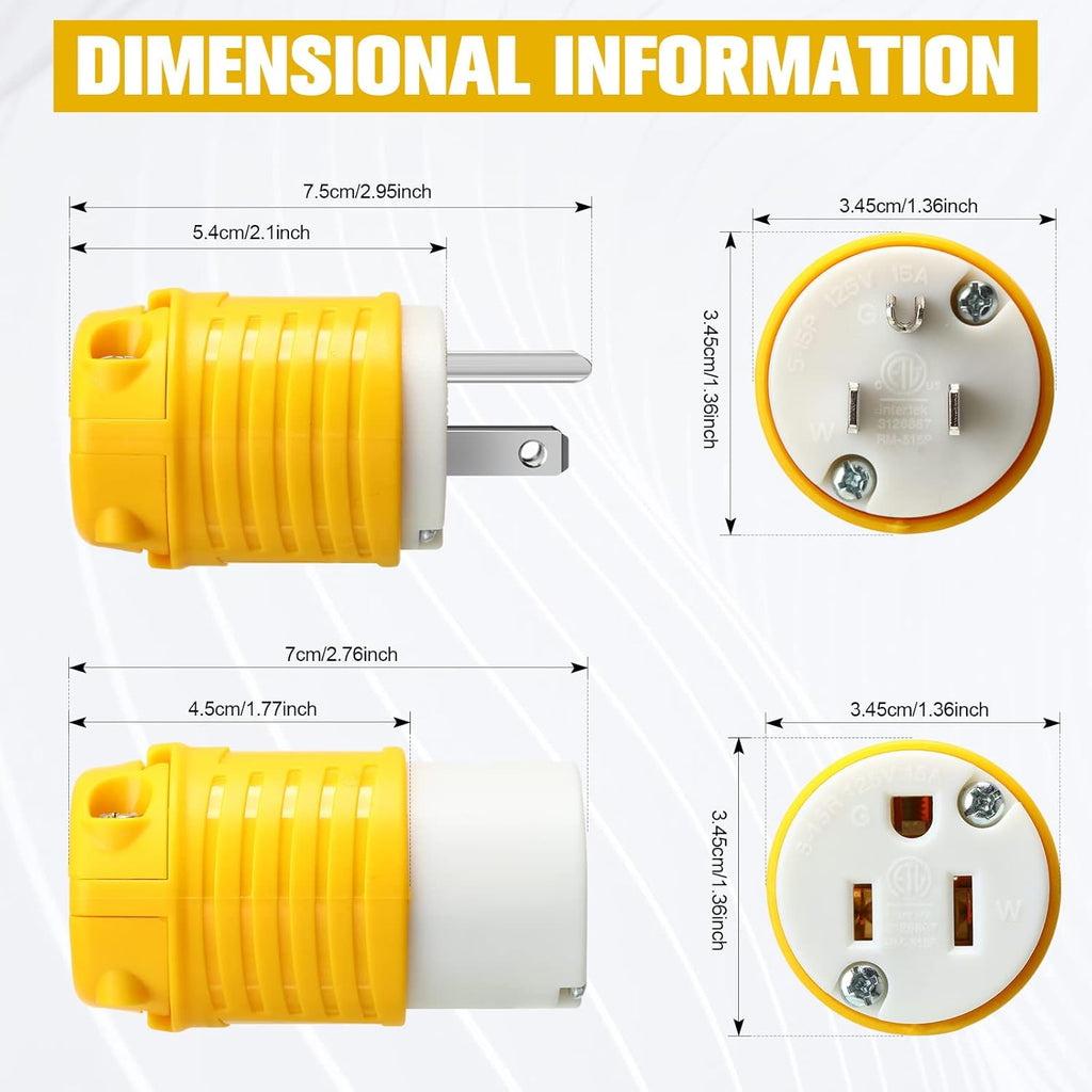 Sherr 16 Pcs Extension Cord Ends 15A 125V 2 Pole 3 Wire Heavy Duty Replacement Male Plug Female Connector Set 5-15P 5-15R Straight Blade Plug Grounding Type/ETL Listed (Male,Female)