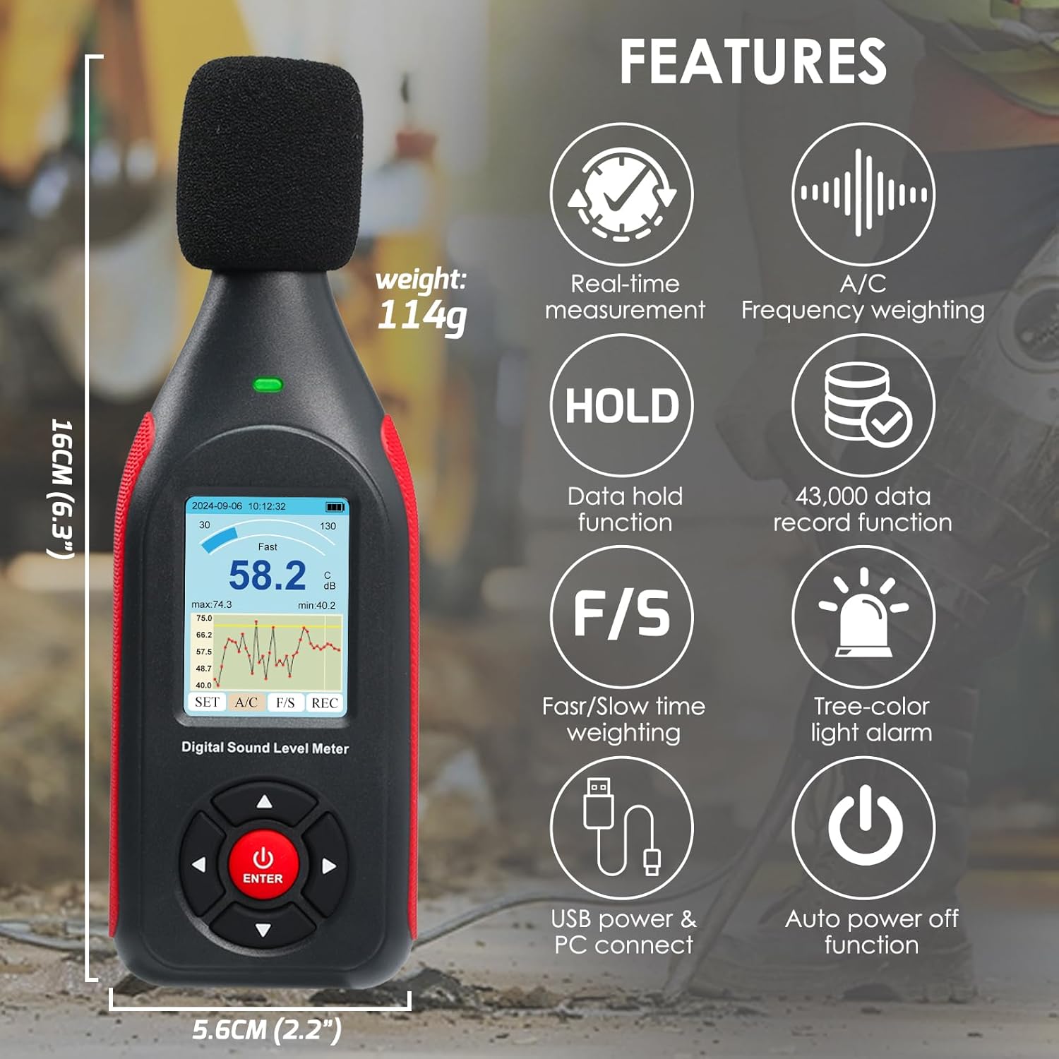 Decibel Meter Data Logger Digital Sound Decibel Meter, Sound Level Meter with 43,000 Data Record & Export, Rechargeable Noise Meter with A/C Frequency&DC Output, 3-Color Alarm, Real Time Measurement