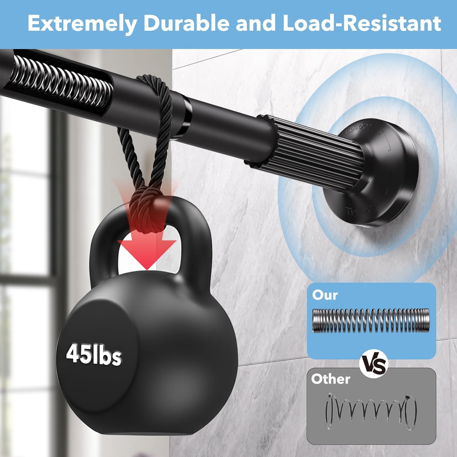 Tension Curtain Rod 51–148 In (4.25–12.33 ft),Extra Long Outdoor Curtain Rod for Window or Bathroom Patio,Easy to Install No Drilling Never Rust,Heavy Duty Adjustable Spring Shower Rod